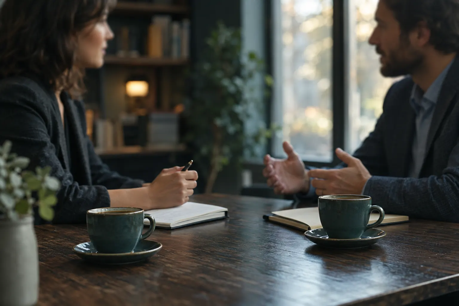 Two people in a one-on-one conversation across a table, notebooks and coffee between them