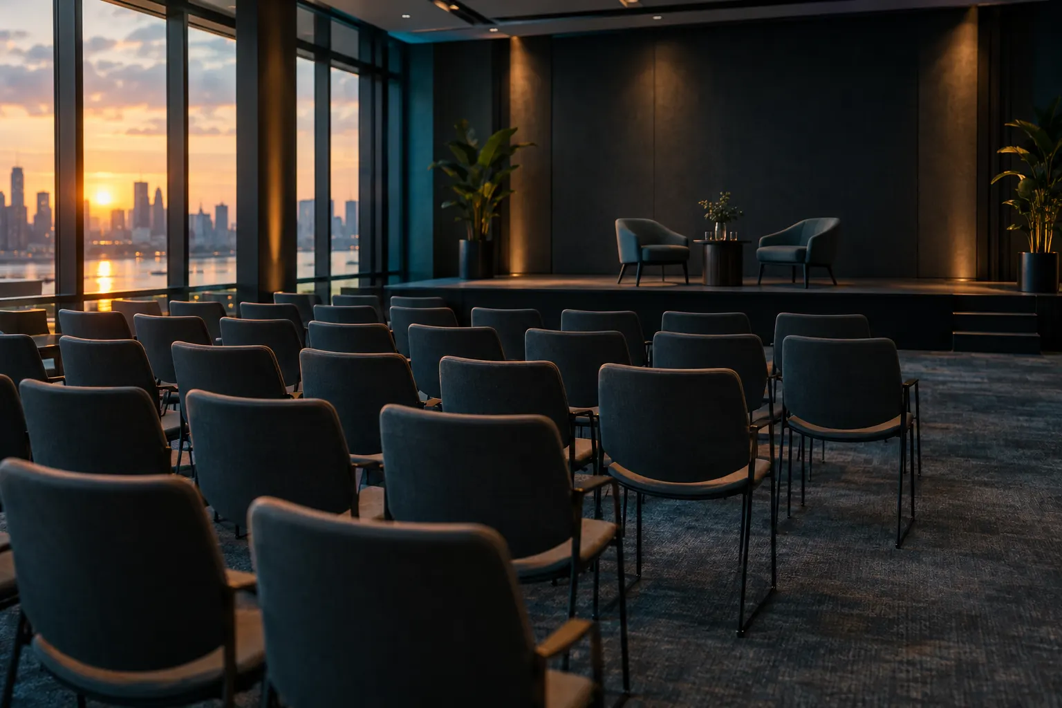 An empty workshop room set for a sales team session, lit by evening light